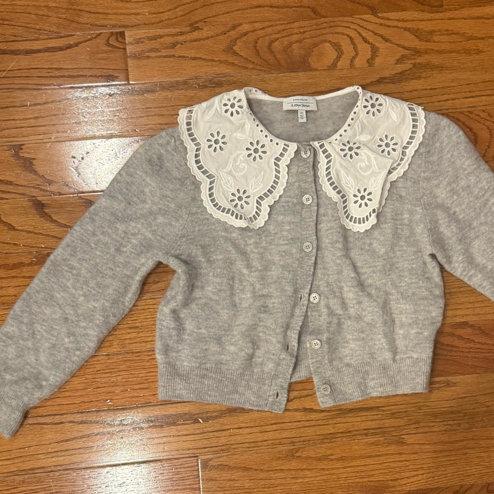 & And Other Stories Gray Cardigan with White Lace Collar